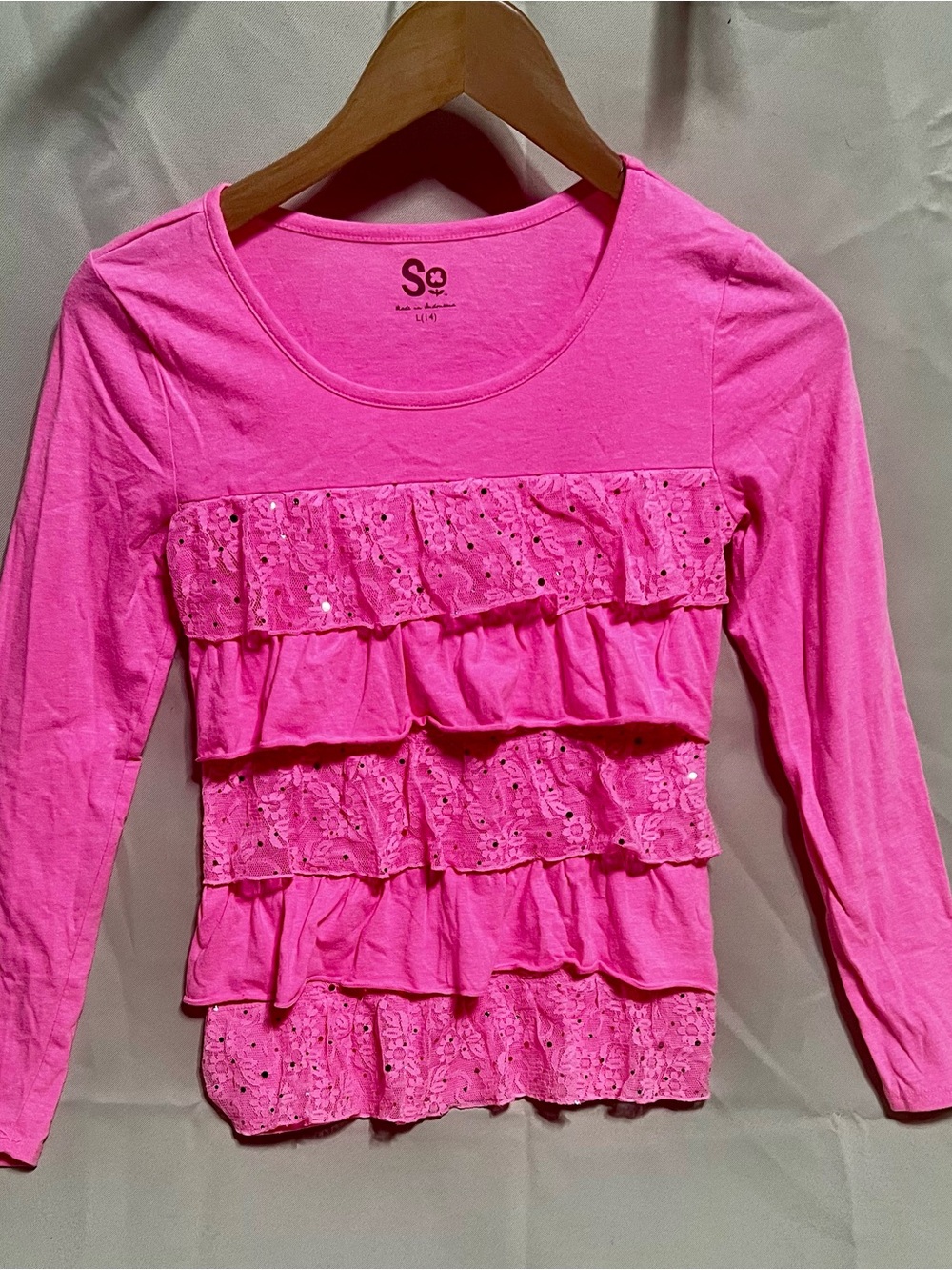 SO Hot Pink Long-Sleeve Ruffle Tee with Sequin Lace